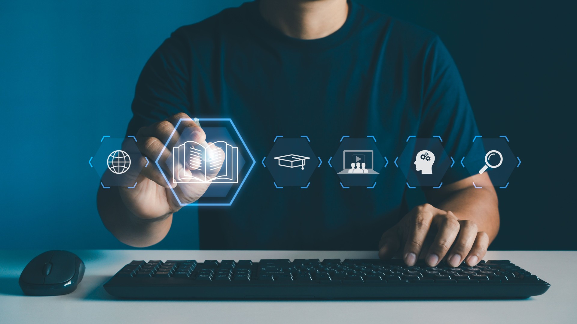 Online education and e-learning concept. A person interacts with e-learning icons virtually, signifying modern online education methods. learning online webinar, video tutorials, training study course